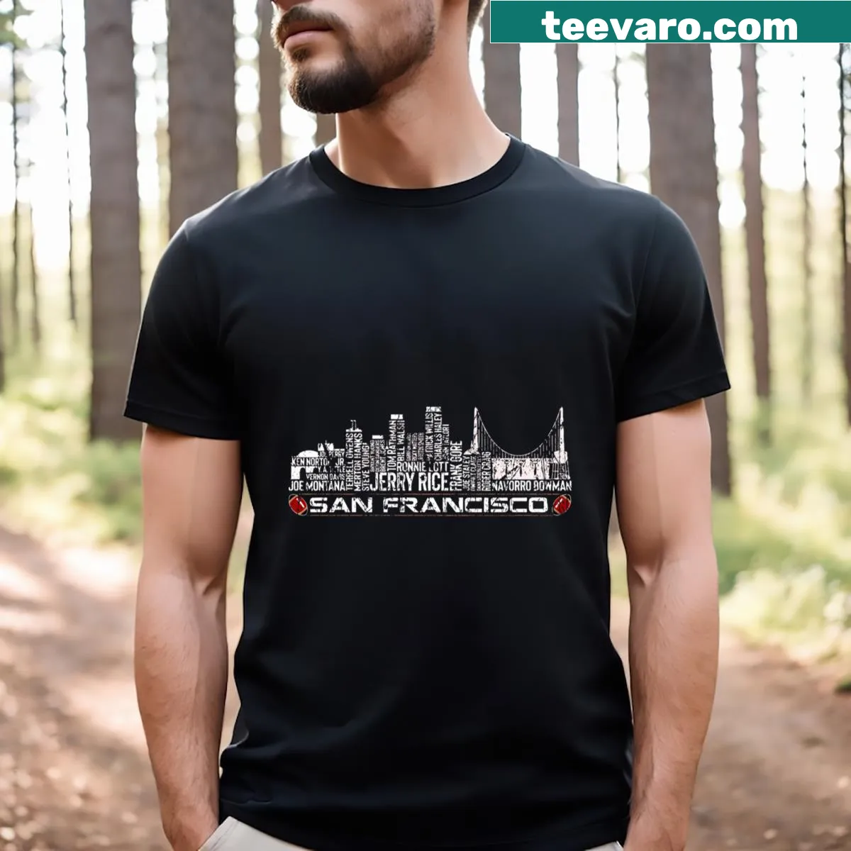San Francisco Football Team t-shirt with skyline and legends — on a men's t-shirt