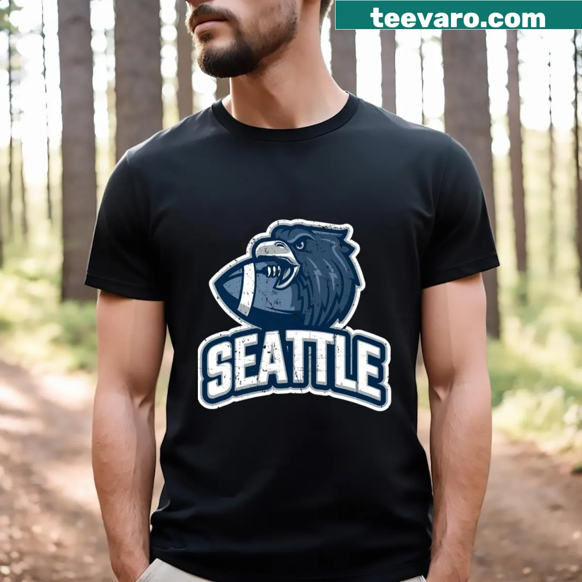 Seattle Seahawks shirt with the team name — on a men's t-shirt