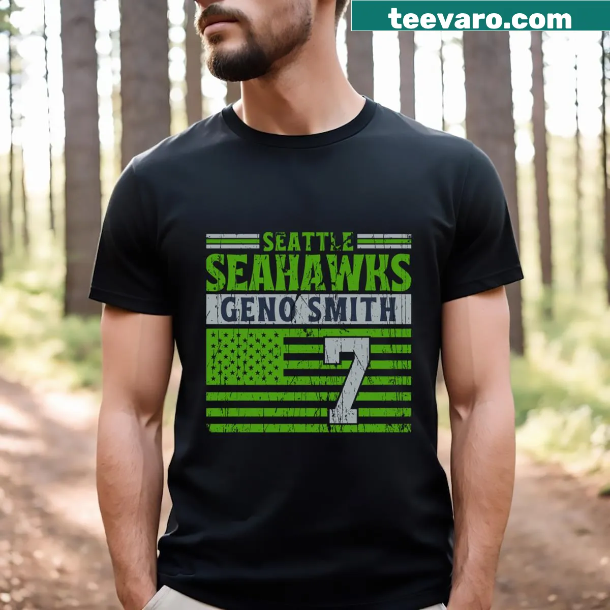 Seattle Seahawks Smith 7 t-shirt with American flag design. — on a men's t-shirt