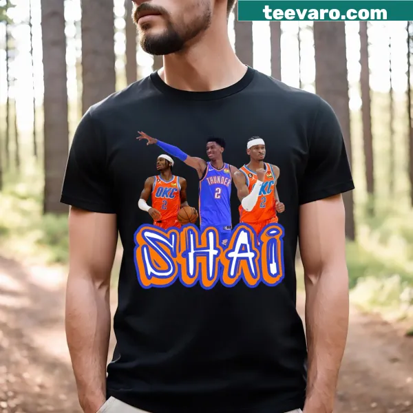 Illustrated design of Shai Gilgeous-Alexander on a basketball-themed t-shirt
