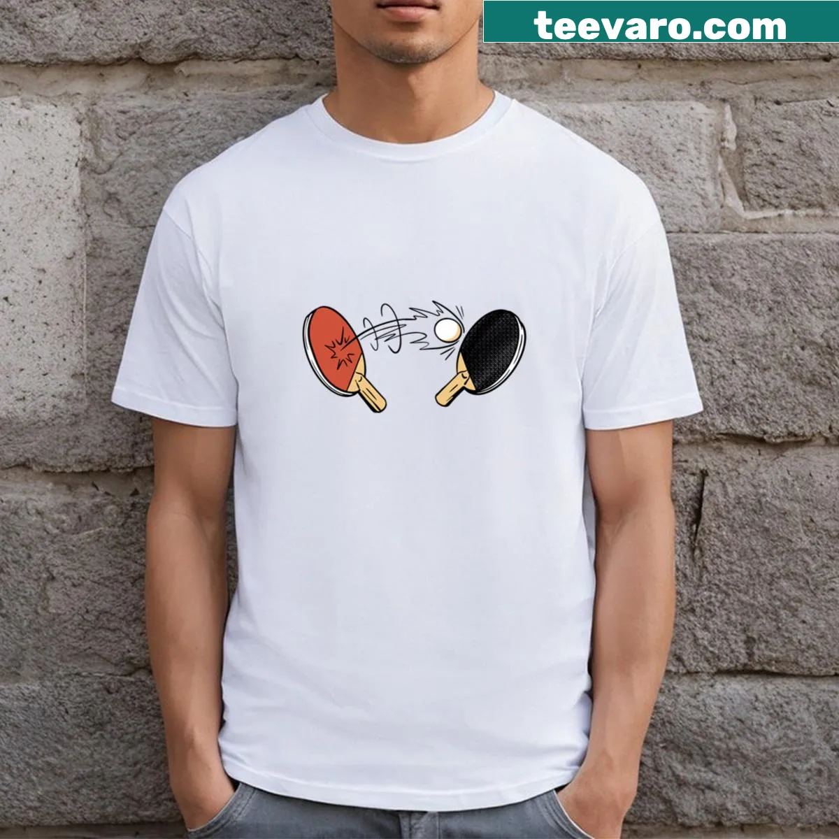 Table tennis themed T-shirt with racket graphic — on a men's t-shirt