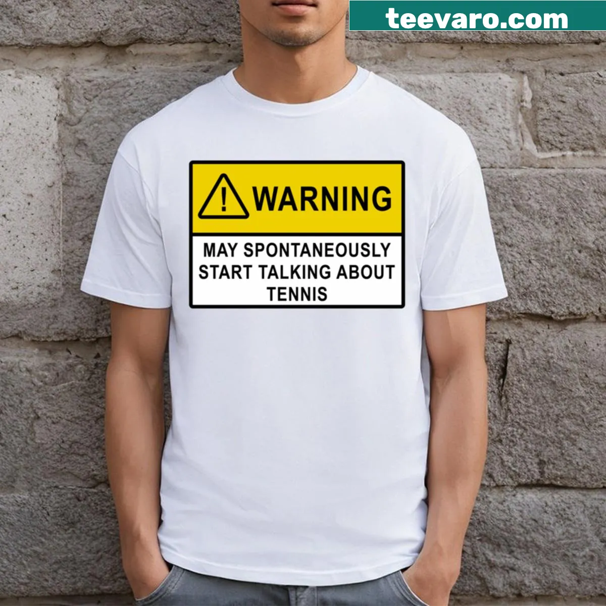 Warning sign graphic T-shirt for tennis fans — on a men's t-shirt