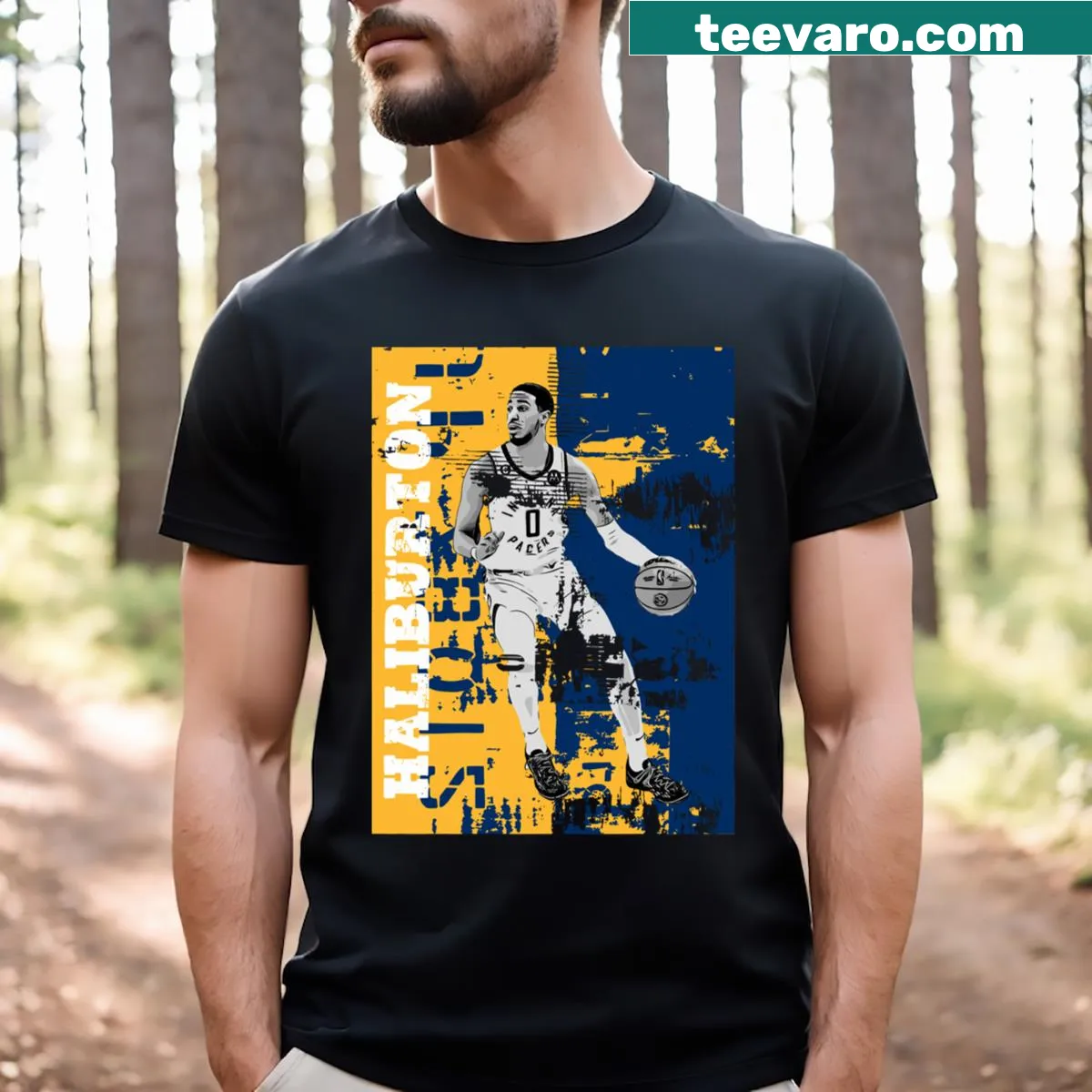 Indiana Pacers T-shirt featuring Tyrese Haliburton's name and numbers — on a men's t-shirt