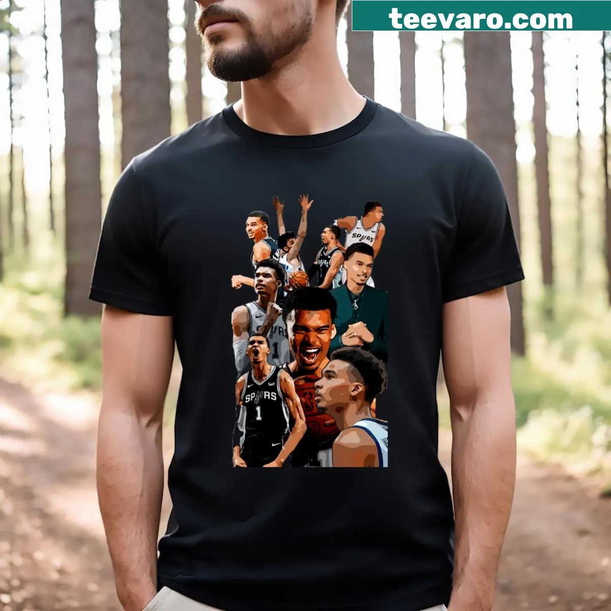 Artistic basketball t-shirt featuring Victor Wembanyama — on a men's t-shirt