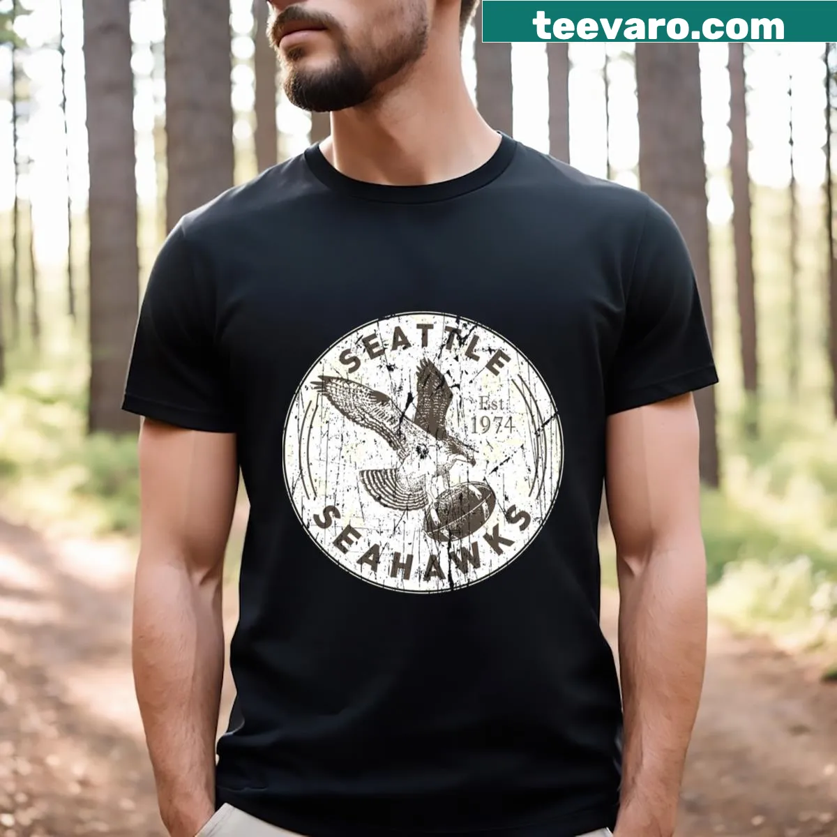 Vintage Seattle Seahawks T-shirt with classic logo — on a men's t-shirt