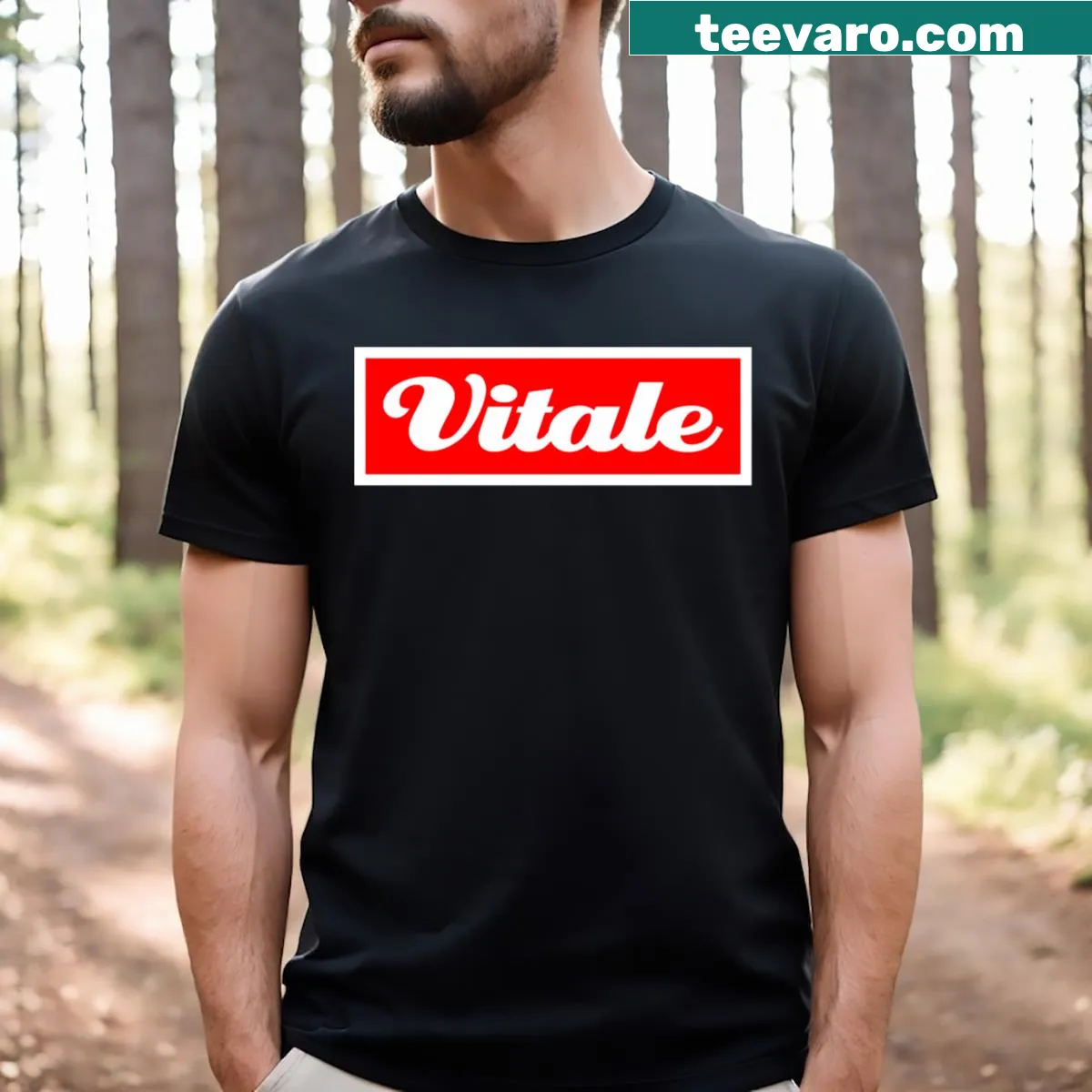 Minimalist typography design featuring 'Vitale' on a T-shirt — on a men's t-shirt