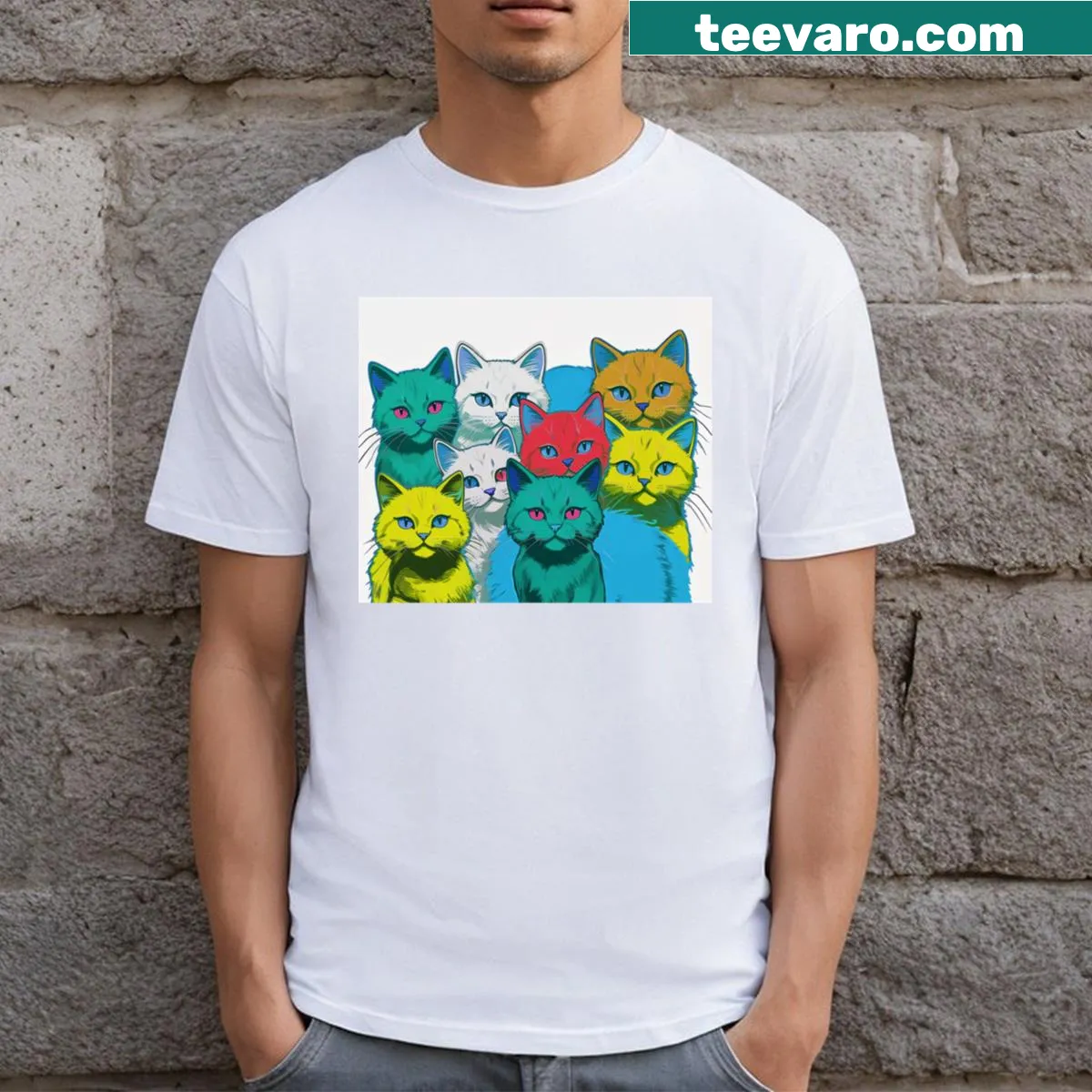 Funky cat collage t-shirt featuring adorable cats in various poses — on a men's t-shirt