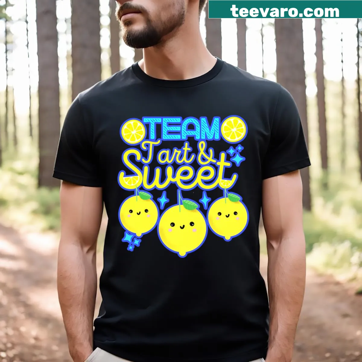 Kawaii lemon tart and happy fruits graphic t-shirt. — on a men's t-shirt