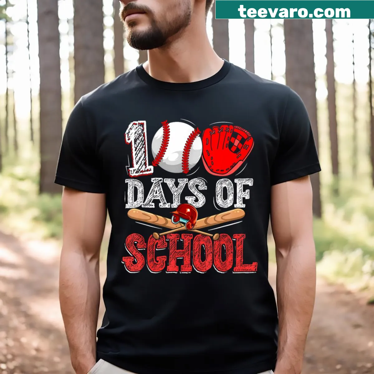 Illustration of a baseball player celebrating 100 days of school on a T-shirt — on a men's t-shirt