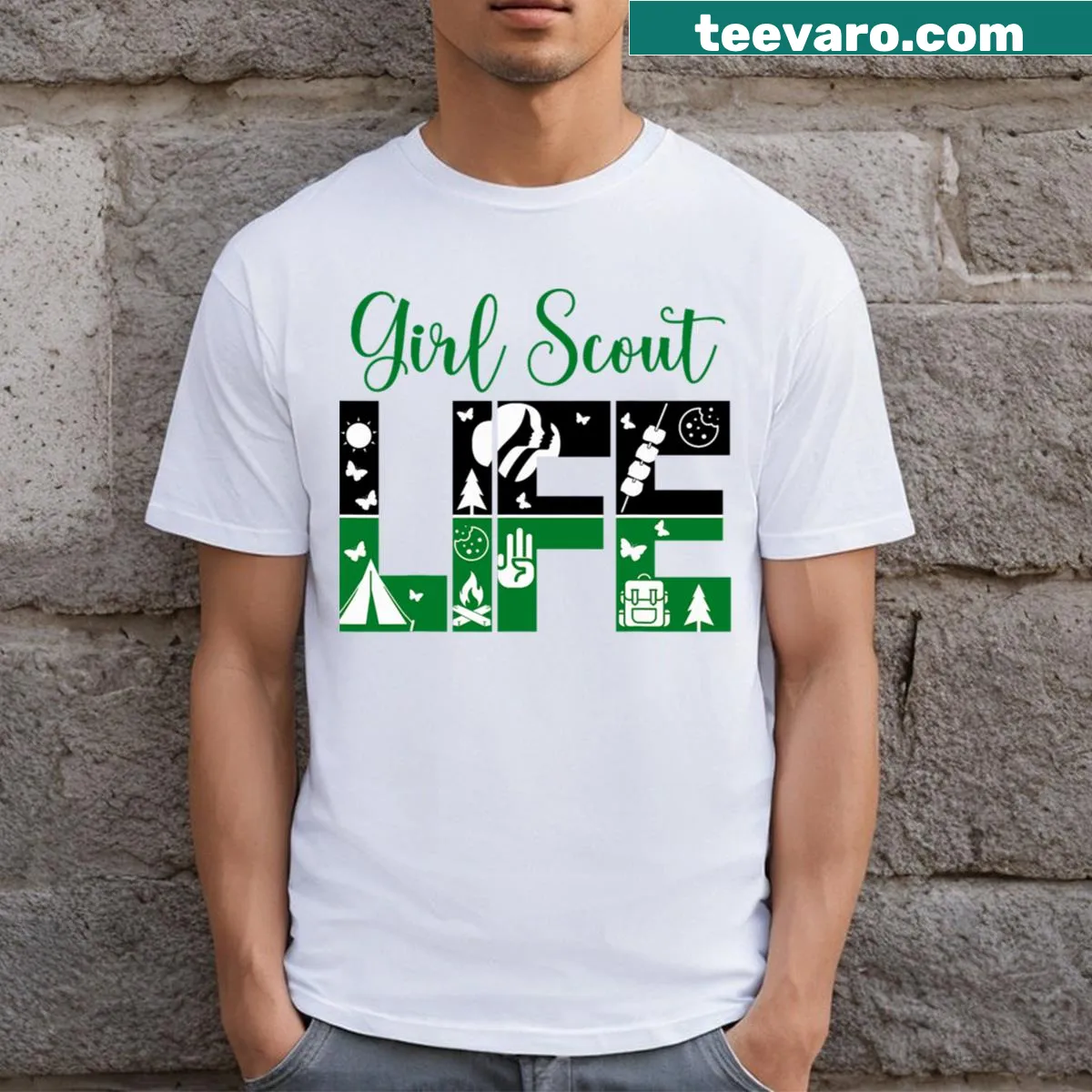 Life Scout for Girls camping t-shirt with cookie theme — on a men's t-shirt