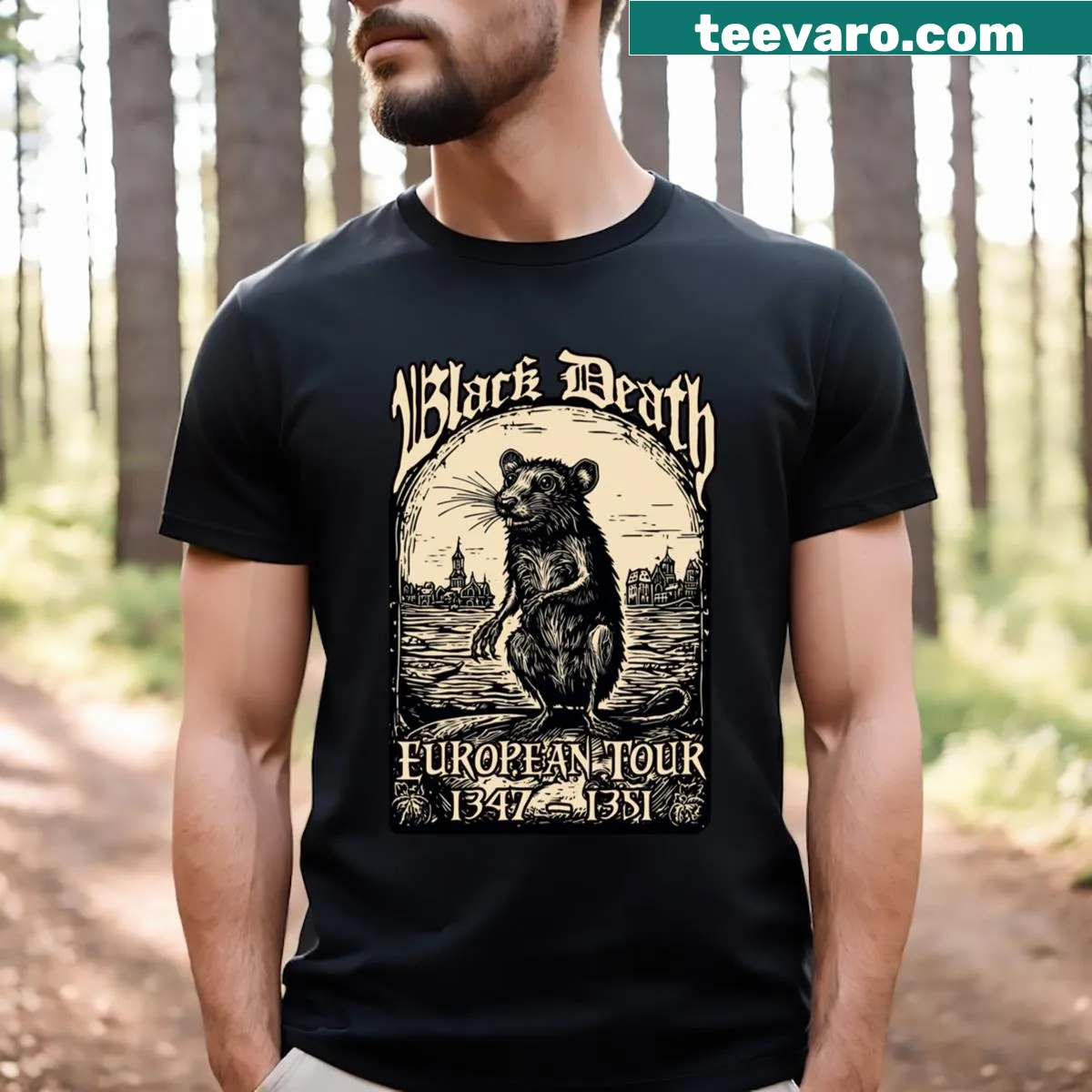 Vintage-style Black Death tour t-shirt with distressed graphic — on a men's t-shirt