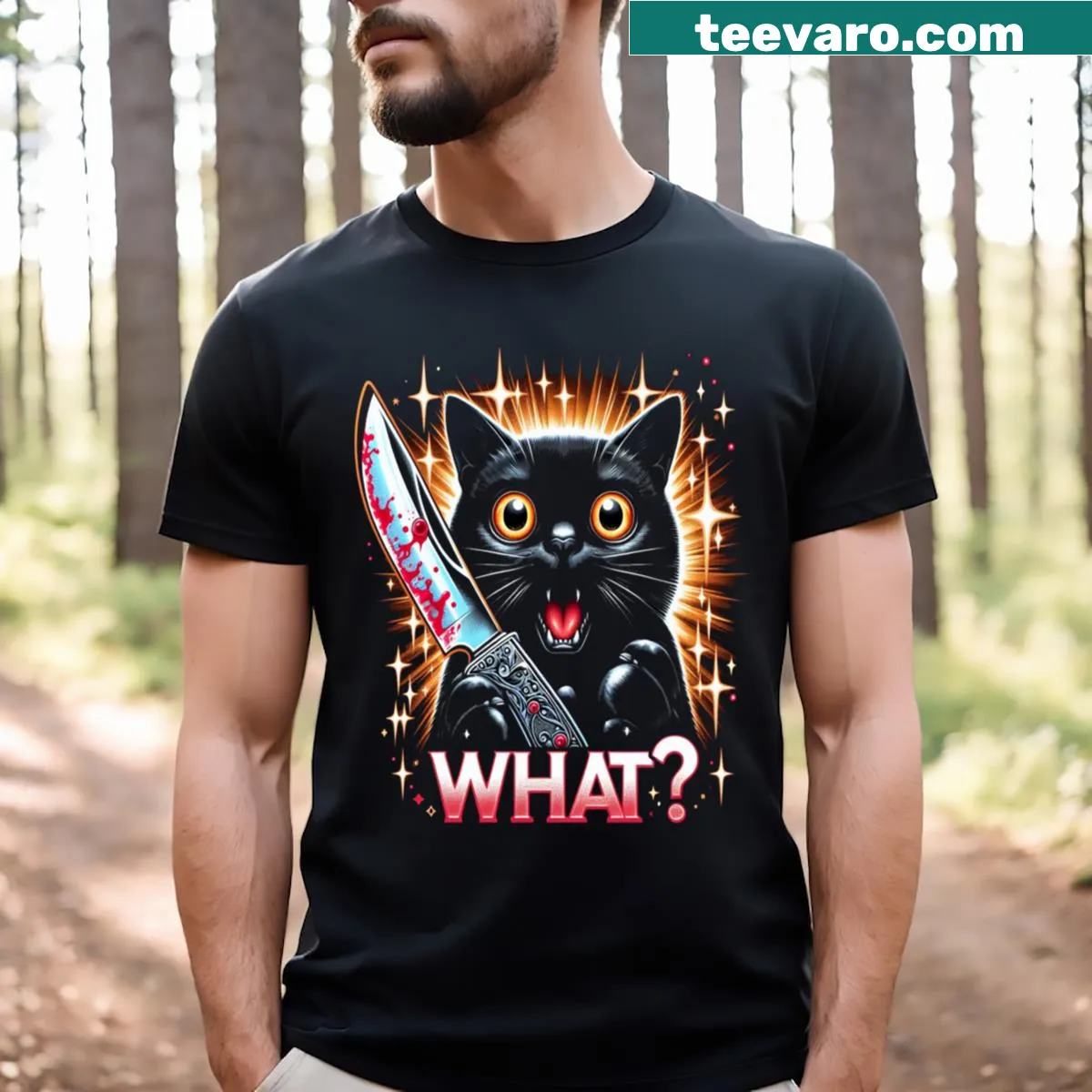 Funny black cat T-shirt with cartoon cat and knife — on a men's t-shirt