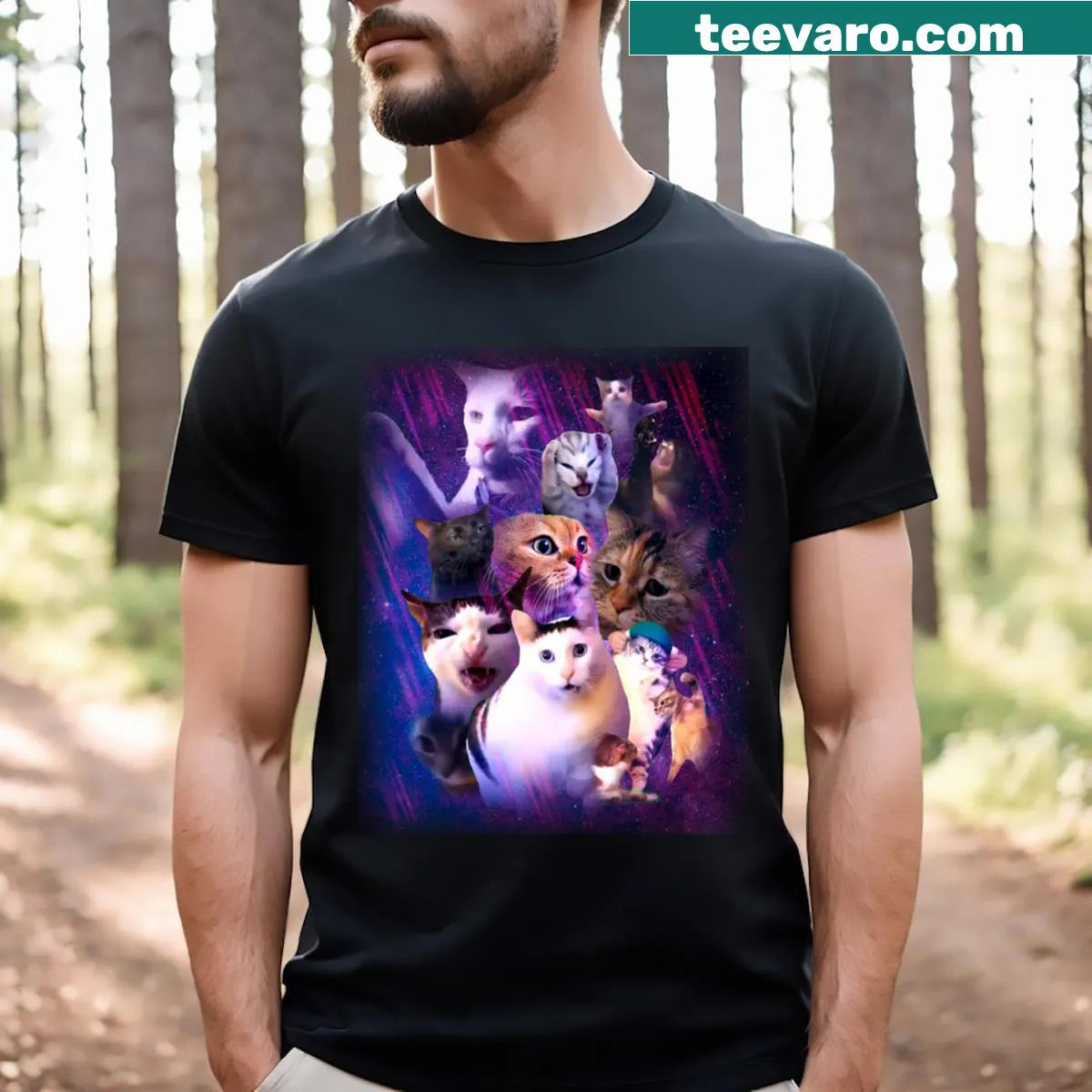 Playful design of various cats on a t-shirt — on a men's t-shirt