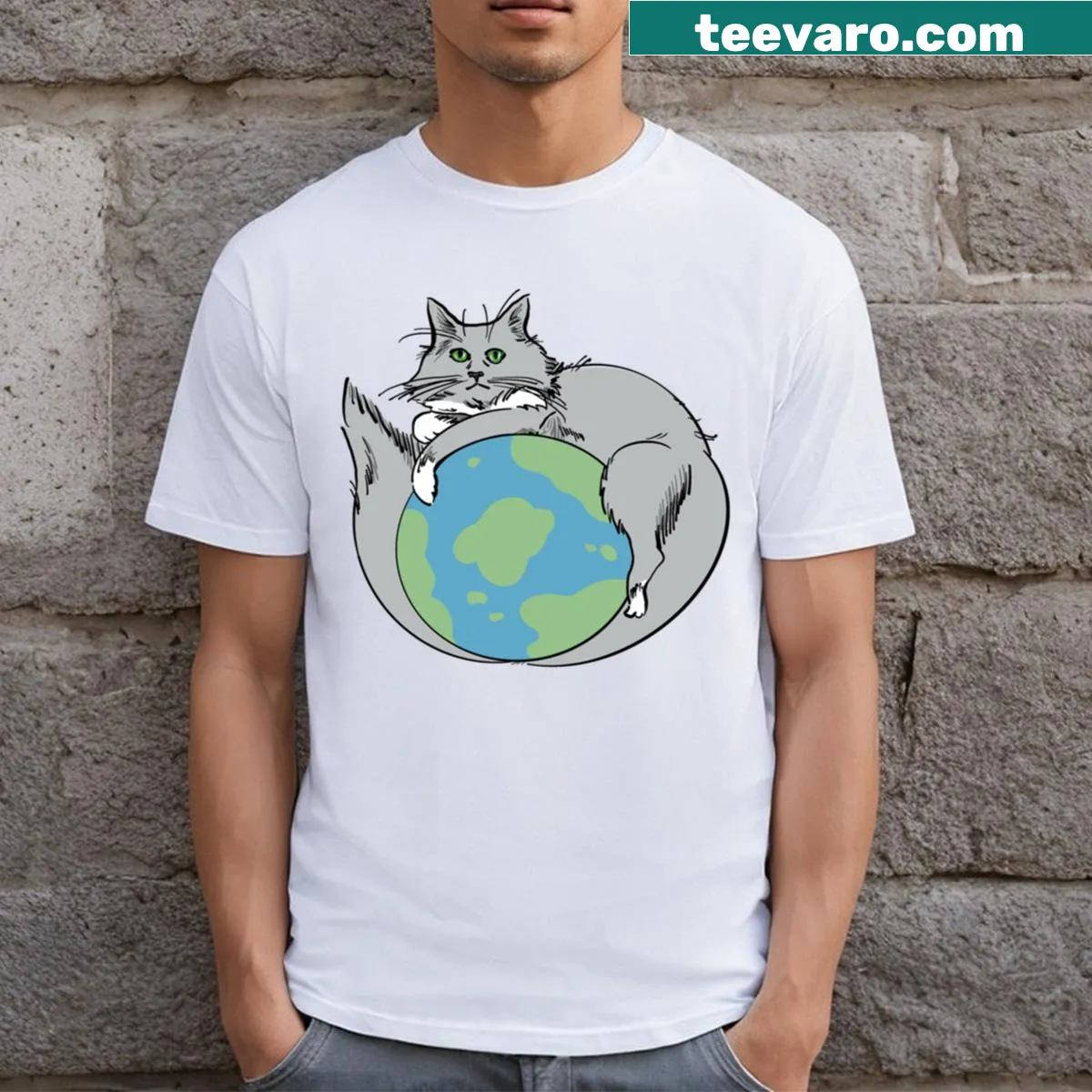 Hand-drawn T-shirt featuring the phrase 'Cats Rule The World' in artistic typography — on a men's t-shirt