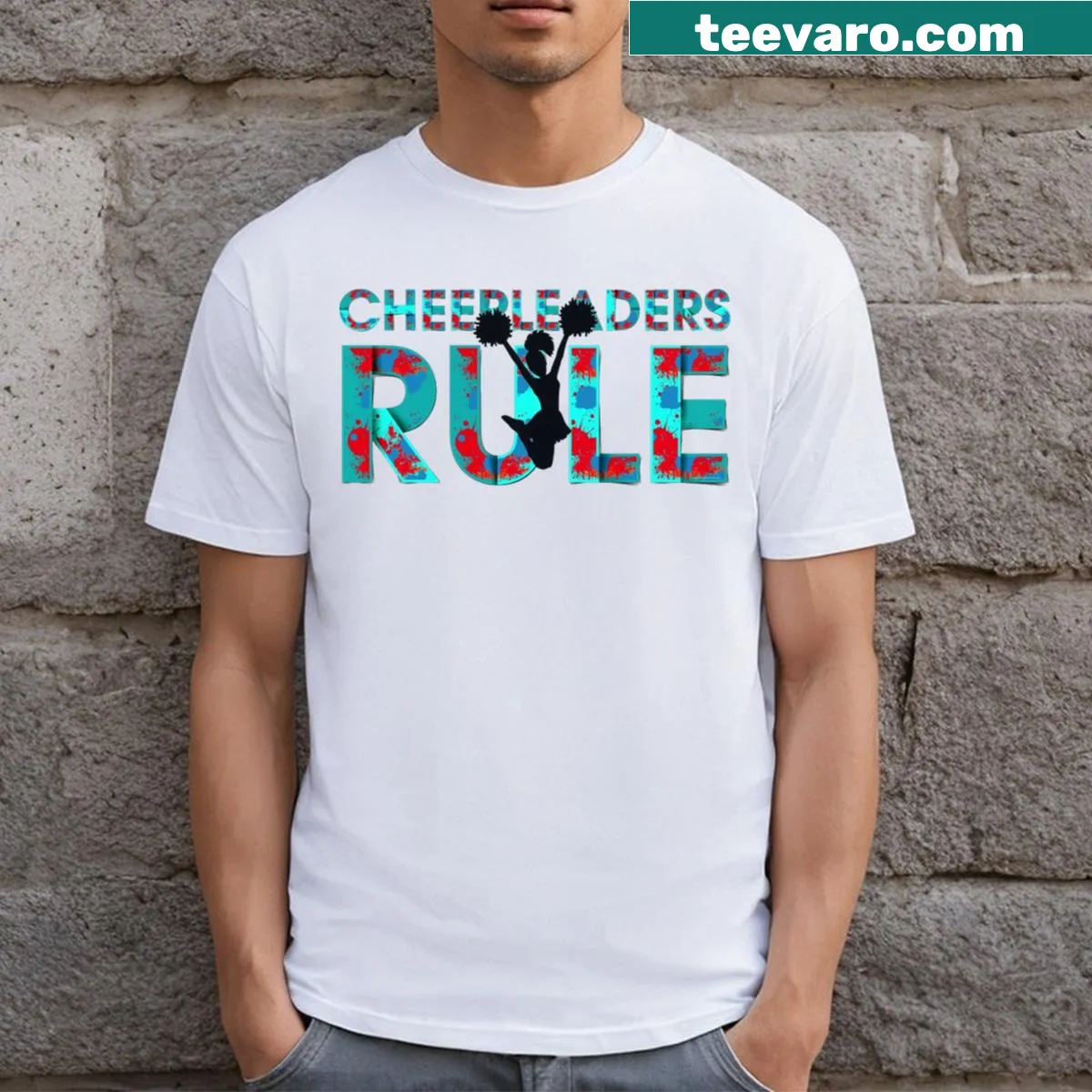 Bold Cheerleaders Rule graphic on a sporty t-shirt — on a men's t-shirt