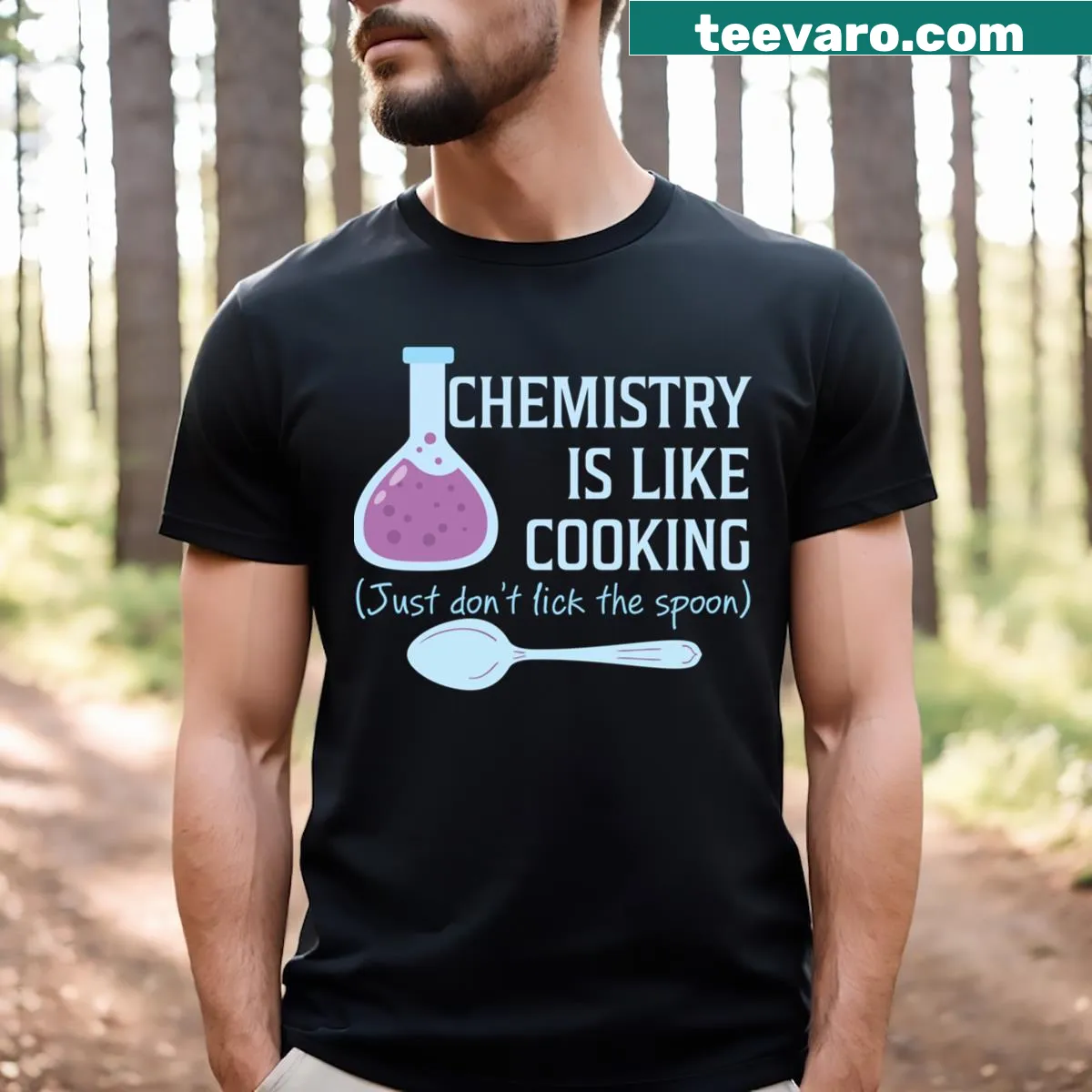 Funny T-shirt comparing chemistry and cooking with playful graphics — on a men's t-shirt