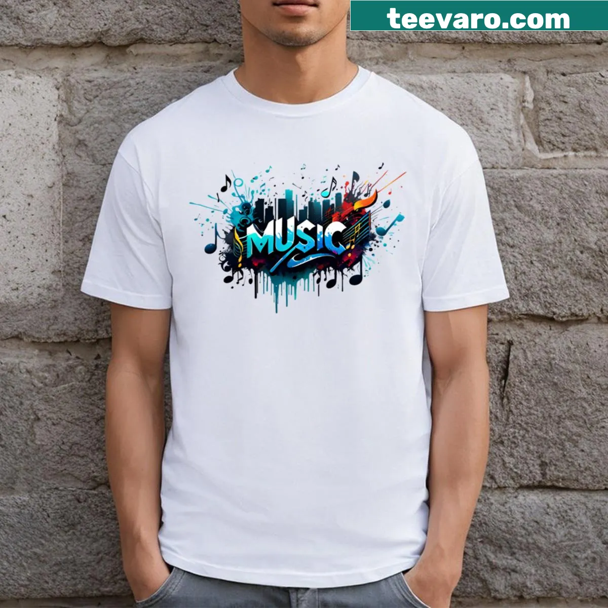 T-shirt with graffiti music design featuring notes and instruments — on a men's t-shirt