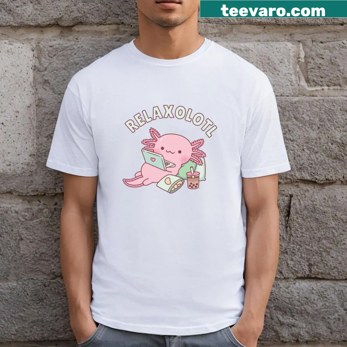 Cute T-shirt with the pun 'Relax A Lot' featuring an axolotl — on a men's t-shirt