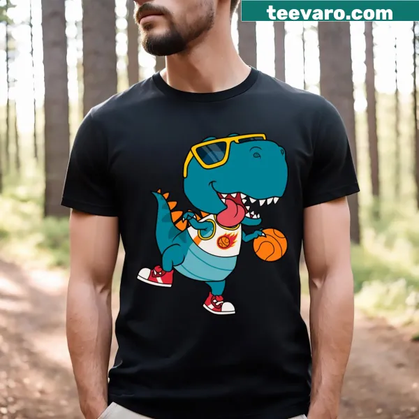 Cartoon dinosaur playing basketball T-shirt design
