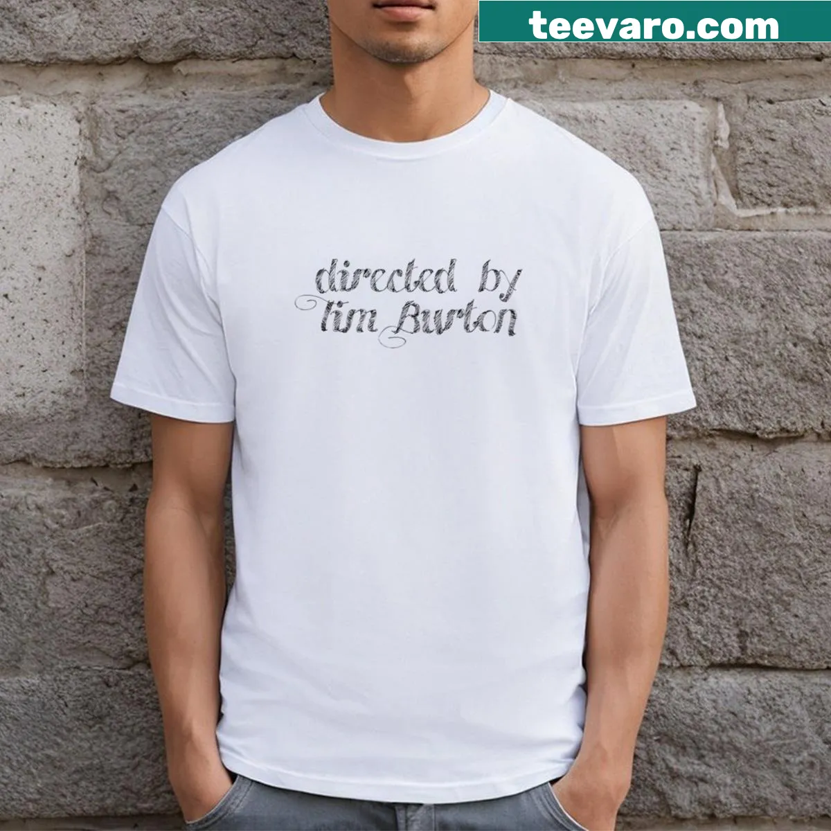 Illustrative t-shirt featuring 'Directed By Tim Burton' text design — on a men's t-shirt