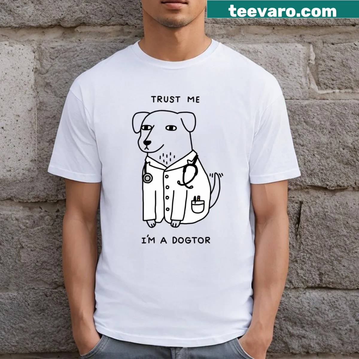 Illustrated dog in a doctor's coat on 'Dogtor' t-shirt — on a men's t-shirt