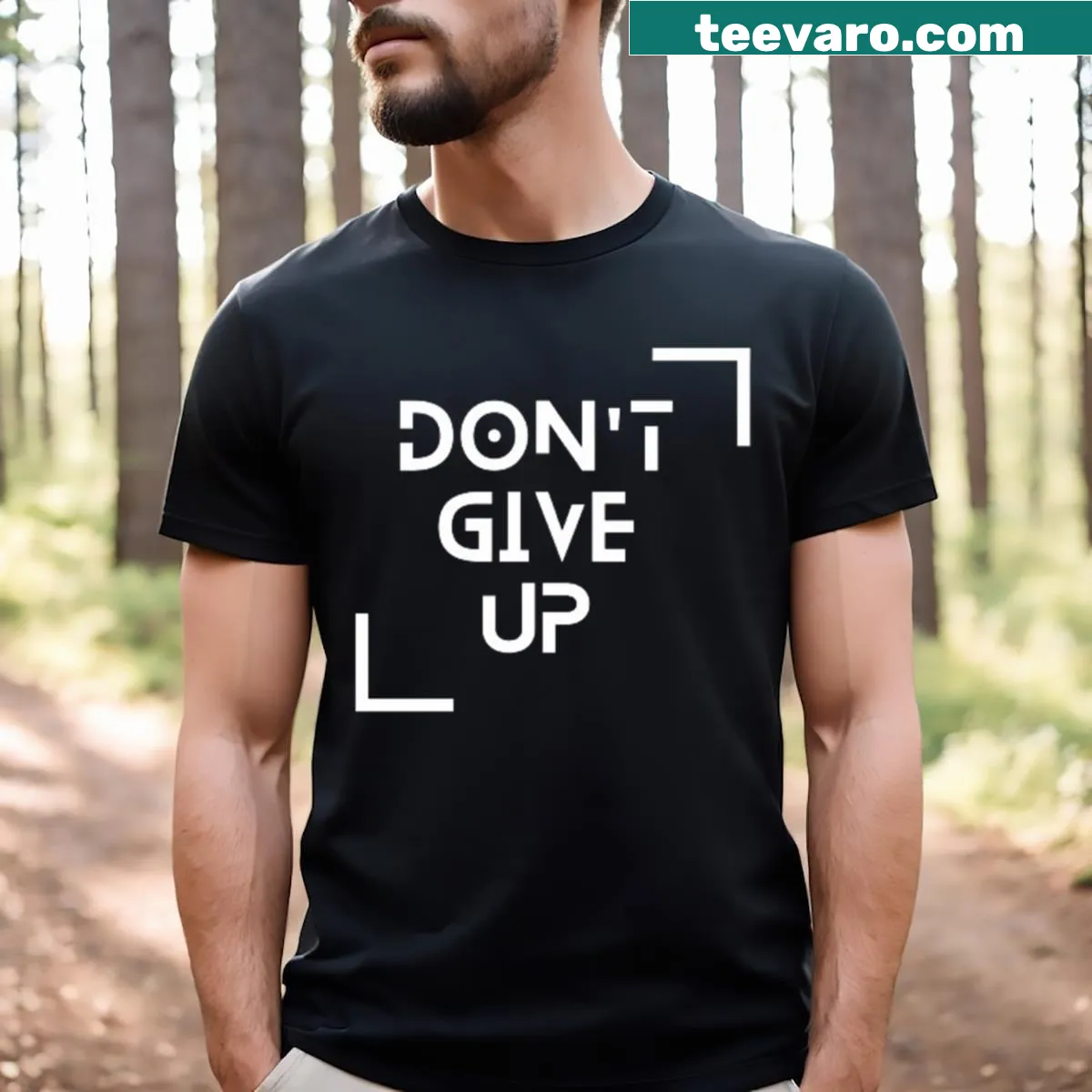Motivational T-shirt with bold text 'Don't Give Up' — on a men's t-shirt
