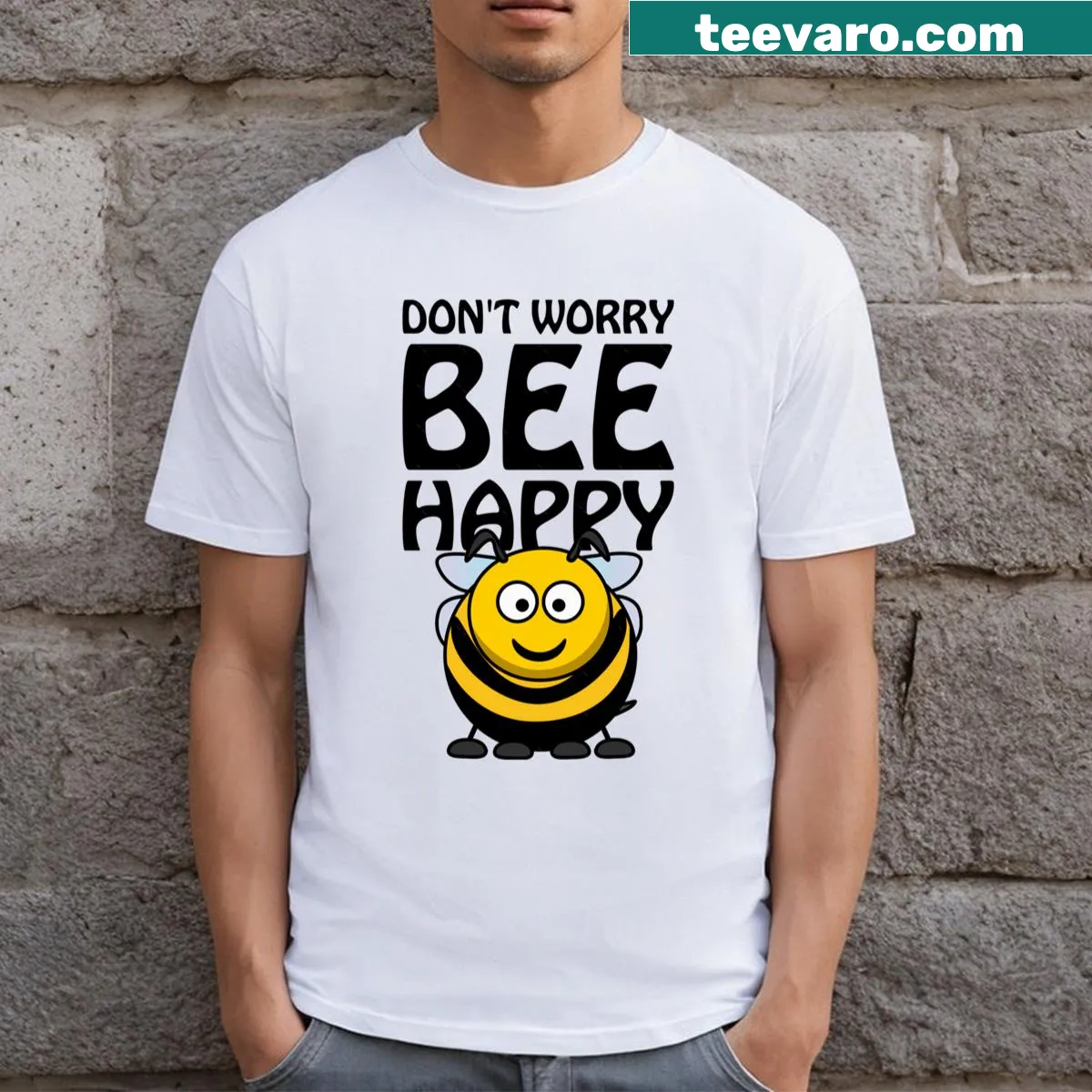 Cute T-shirt with a cartoon bee and 'Don't Worry Be Happy' pun — on a men's t-shirt