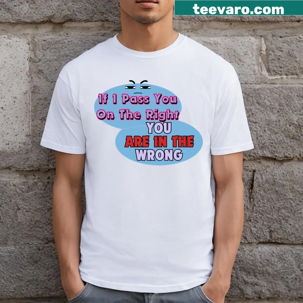 Humorous T-shirt highlighting 'Driving Rules Passing On Blue' — on a men's t-shirt