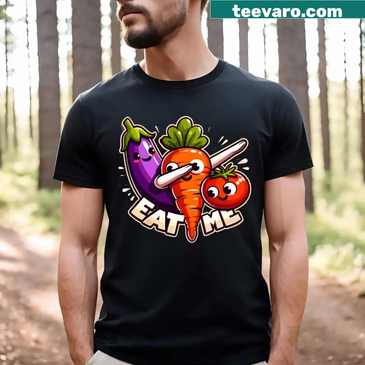 Whimsical T-shirt featuring cartoon vegetables — on a men's t-shirt