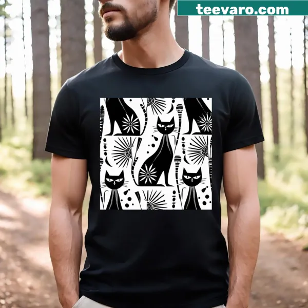 Elegant Egyptian cat pattern t-shirt in black and white.