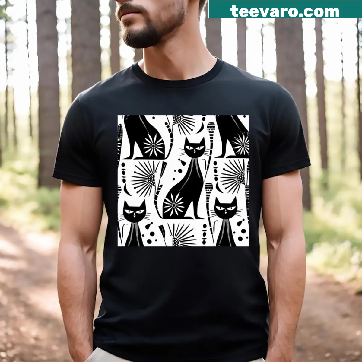 Elegant Egyptian cat pattern t-shirt in black and white. — on a men's t-shirt