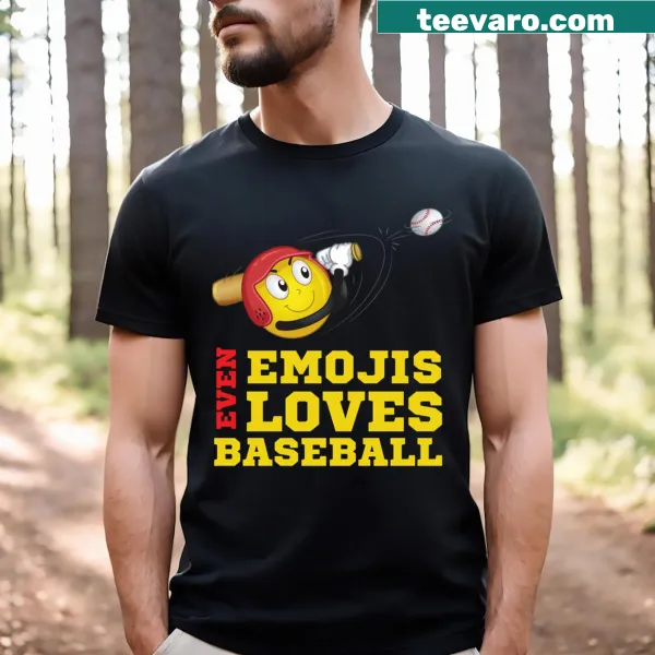 Playful t-shirt featuring emoji characters enjoying baseball.