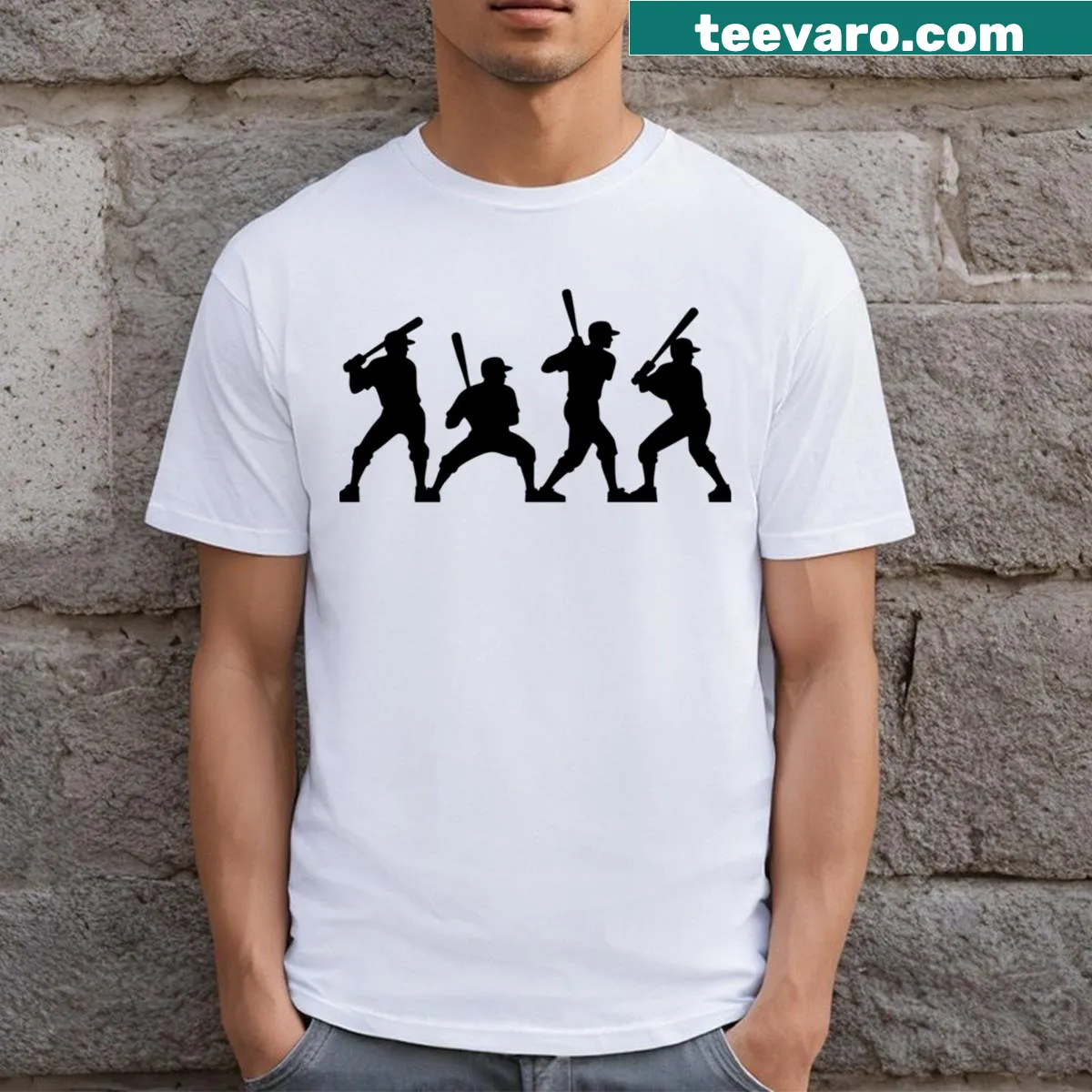 Cartoon baseball players graphic on a black T-shirt — on a men's t-shirt