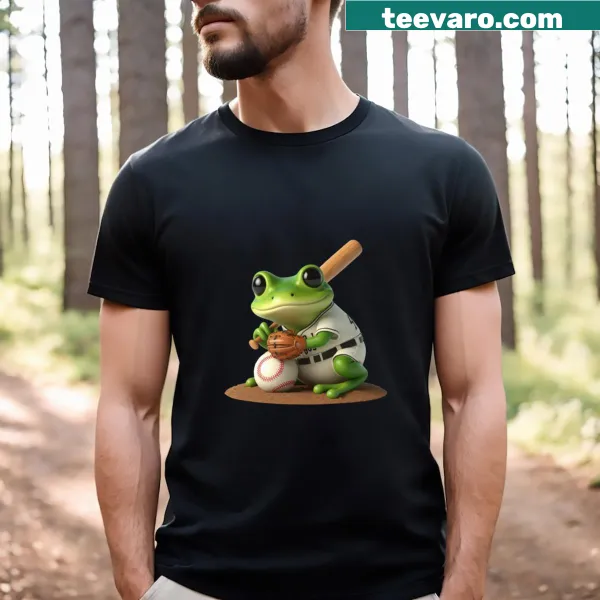 Playful illustration of frogs playing baseball on a t-shirt