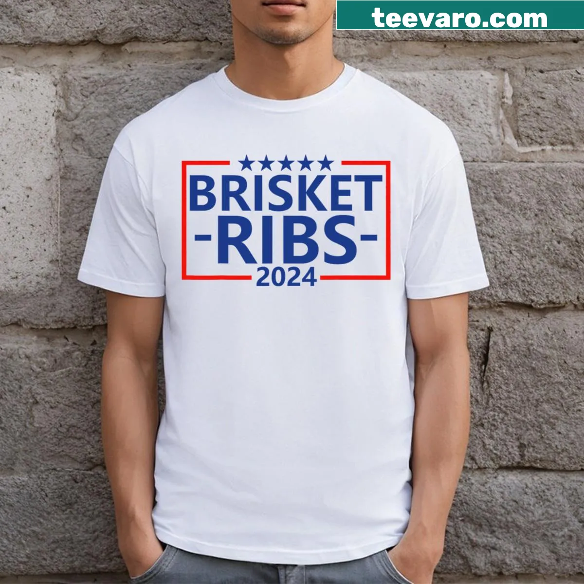 Funny T-shirt with brisket and ribs graphic for BBQ lovers — on a men's t-shirt