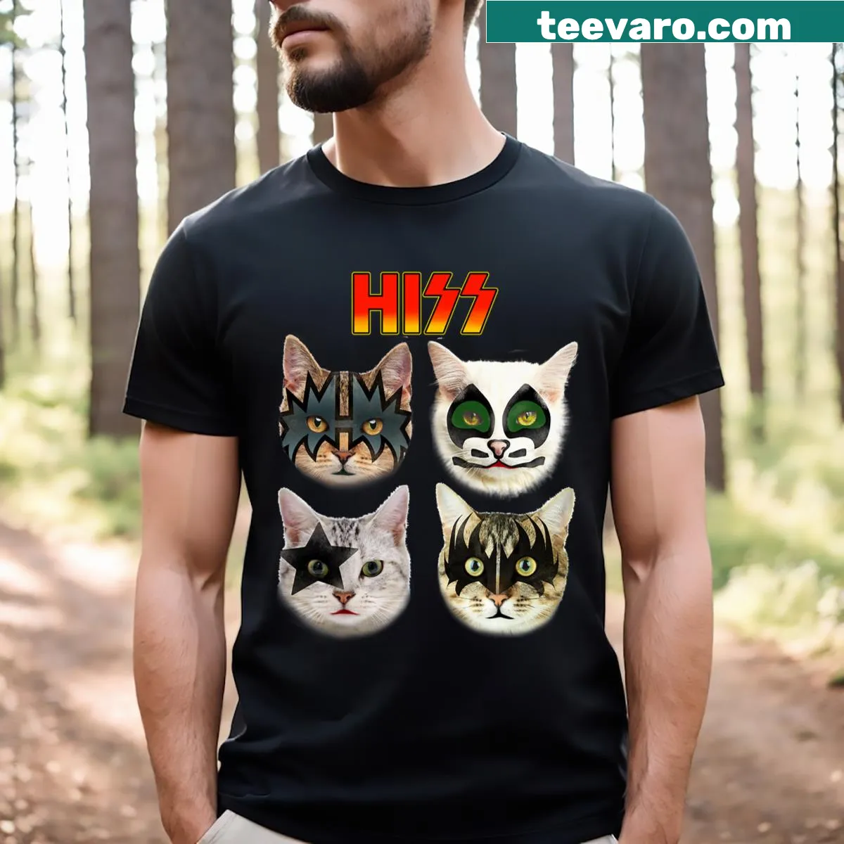 Humorous T-shirt featuring playful graphics about cat ownership — on a men's t-shirt