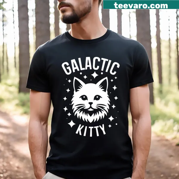 Cute T-shirt featuring a galactic kitty design with stars and planets