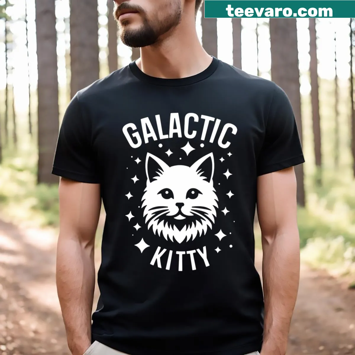 Cute T-shirt featuring a galactic kitty design with stars and planets — on a men's t-shirt