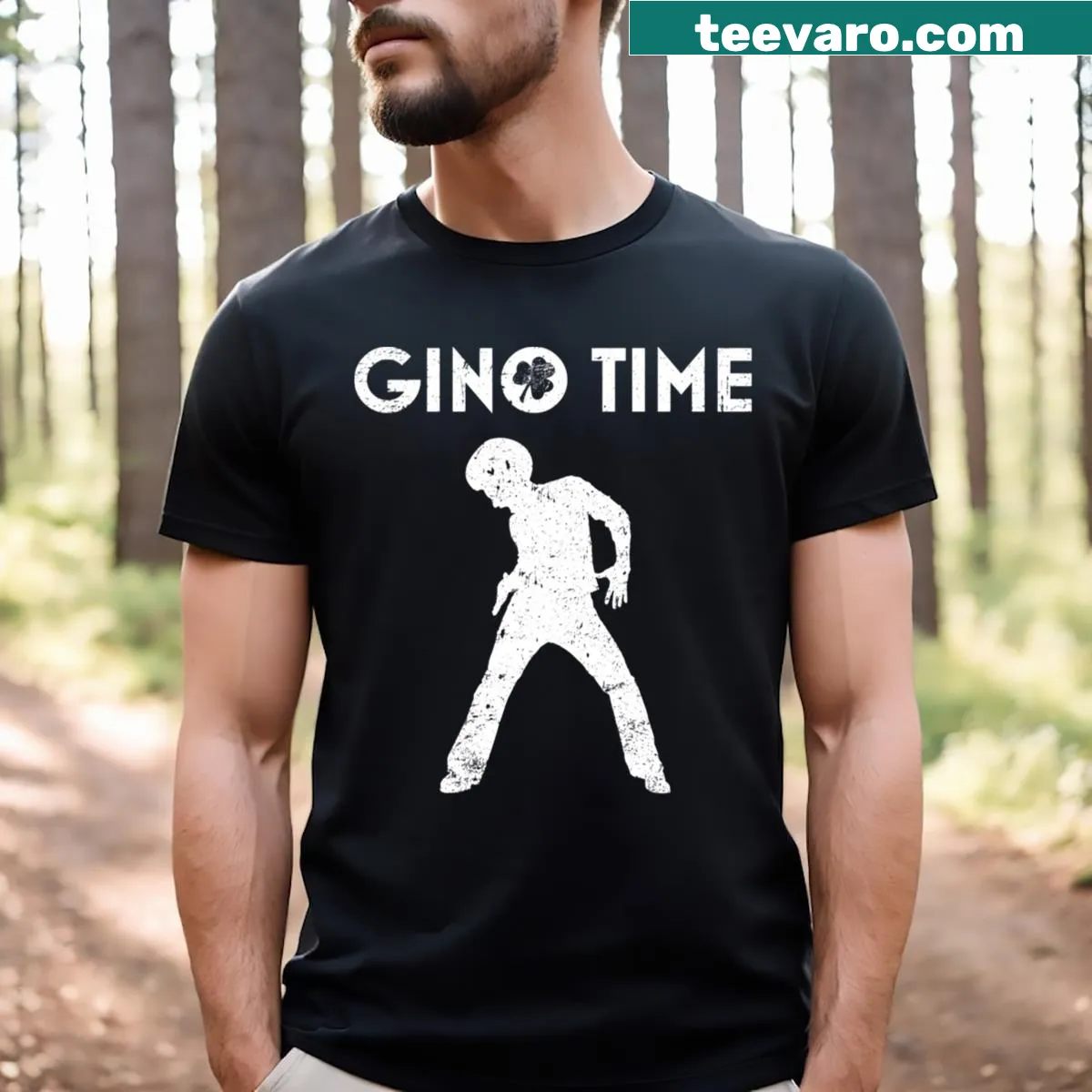 Funny Boston basketball t-shirt with the phrase 'Gino Time' — on a men's t-shirt