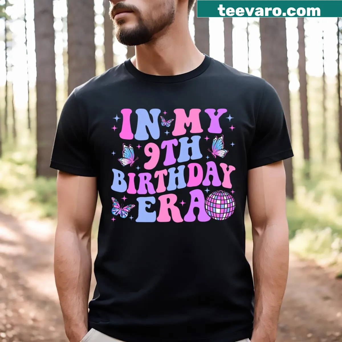 Cartoon design celebrating a 9th birthday with playful text — on a men's t-shirt