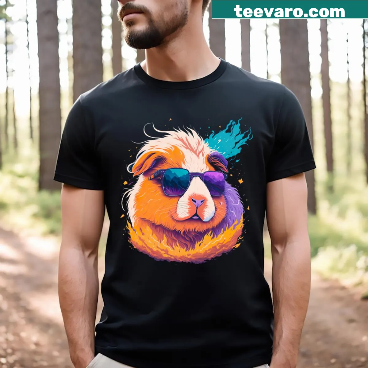 Cute t-shirt with a cartoon guinea pig wearing sunglasses — on a men's t-shirt
