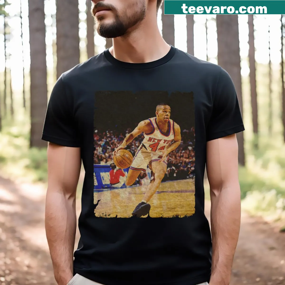 New York Knicks T-shirt featuring Hubert Davis graphic — on a men's t-shirt