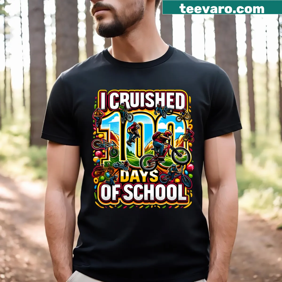 T-shirt celebrating 100 days of school with a dirt bike design — on a men's t-shirt