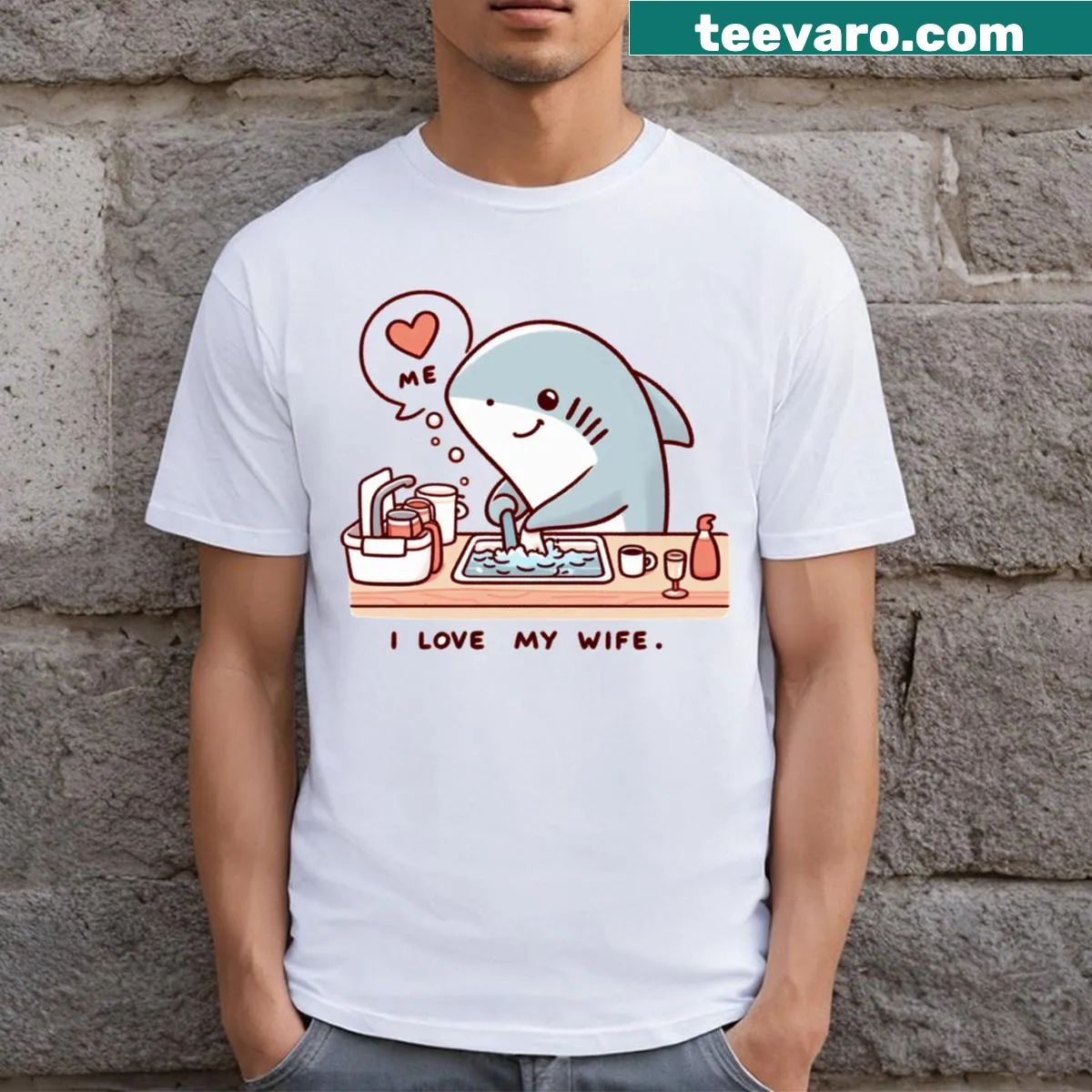 T-shirt with 'I Love My Wife' and a shark graphic — on a men's t-shirt