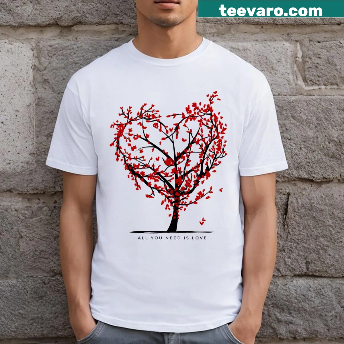 Sentimental t-shirt with 'All You Need Is Love' printed text — on a men's t-shirt