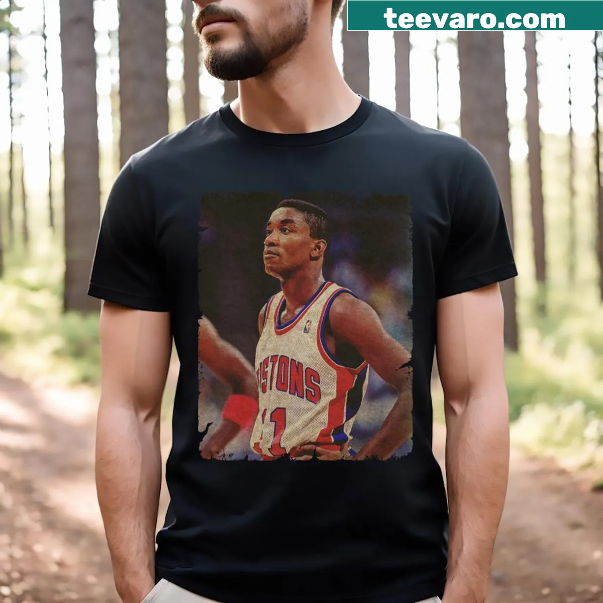 T-shirt honoring Isiah Thomas with Pistons graphic — on a men's t-shirt