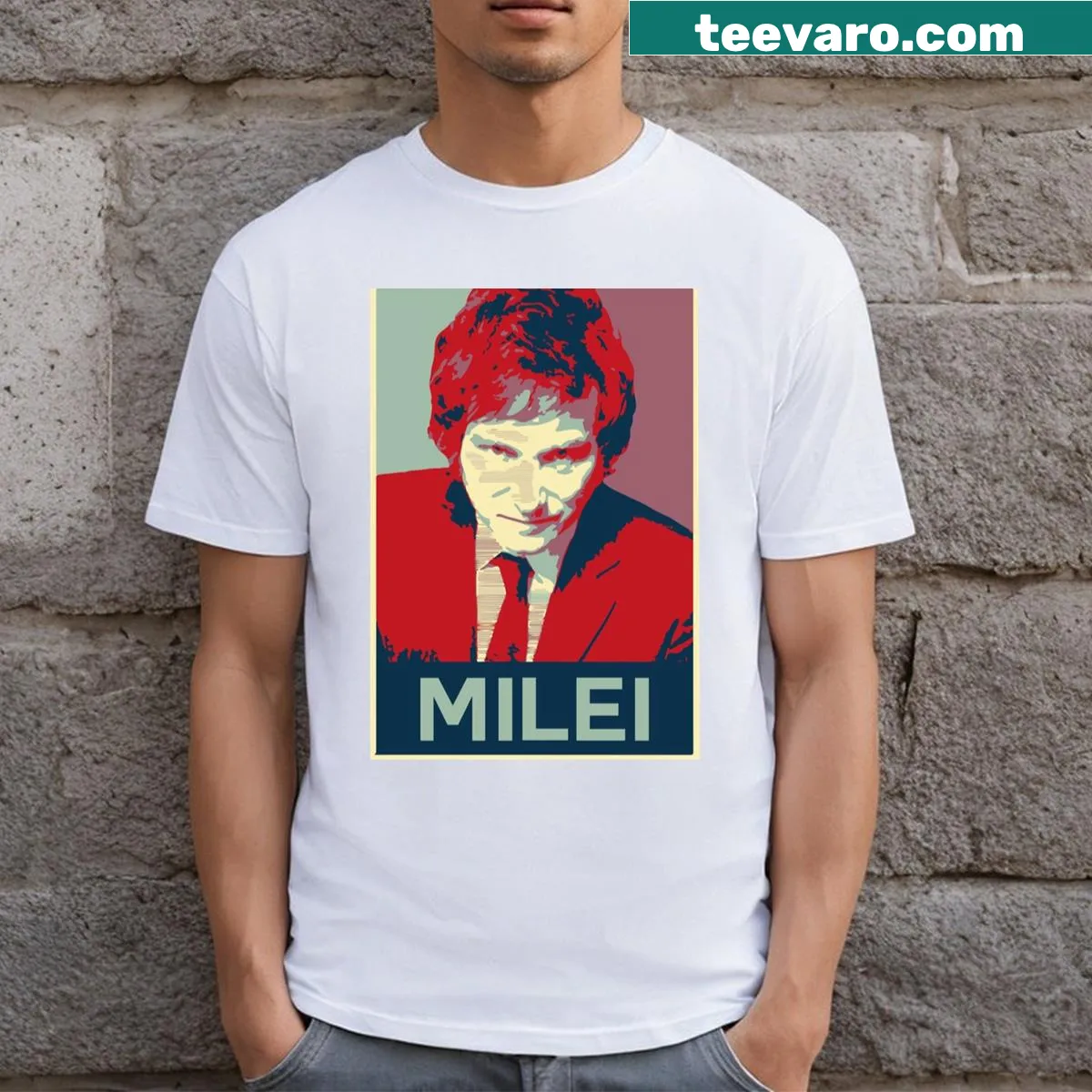 Playful t-shirt featuring the name 'Javier Milei' in bold font — on a men's t-shirt