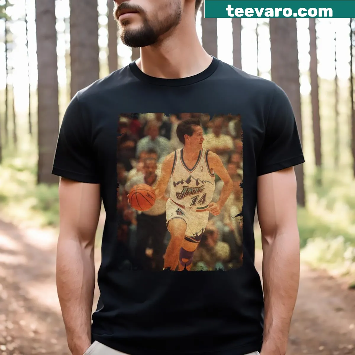 Utah Jazz T-shirt featuring Jeff Hornacek's name and number 14 — on a men's t-shirt