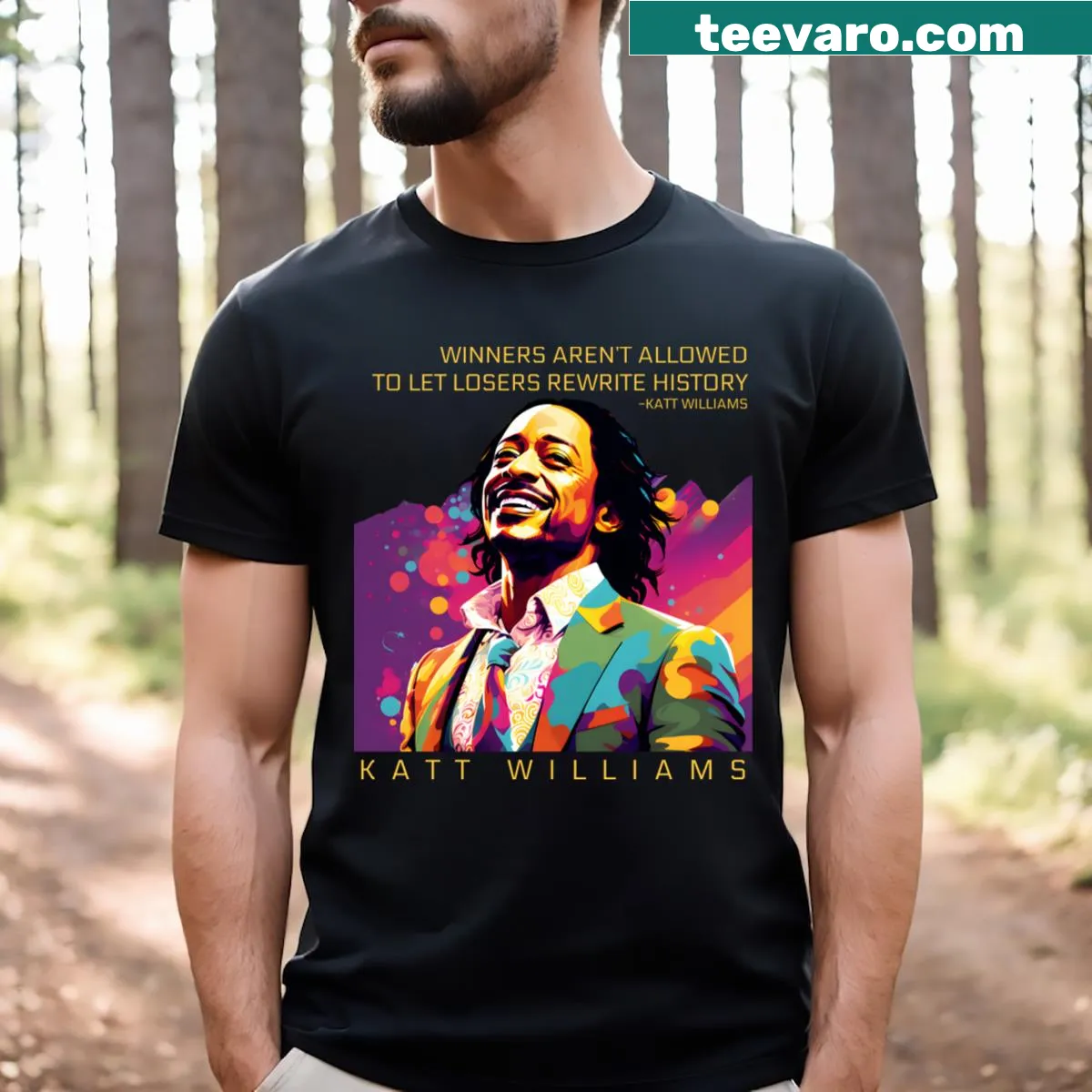 T-shirt featuring the quote 'Winners Aren't Allowed To Let Losers Rewrite History' in bold lettering. — on a men's t-shirt
