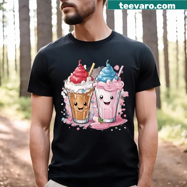 Cartoon milkshake graphic with a smiling face and fun toppings